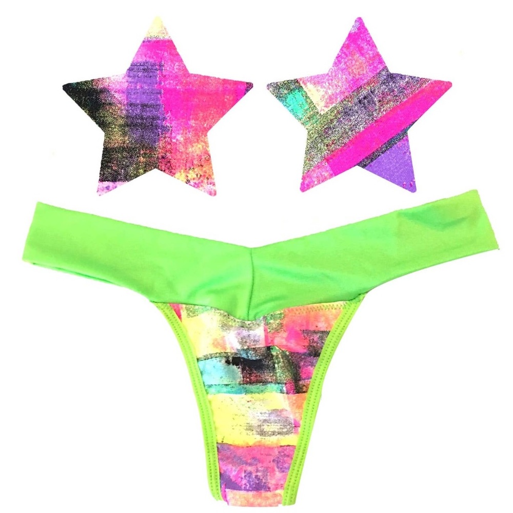 Festival Season! 90s Vibrant Green Pink Neon Star Pasties Plus Glow Panties